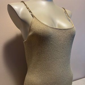 Michelle Antonelli Shimmering Metallic Gold Chain Straps Knit Tank Top L